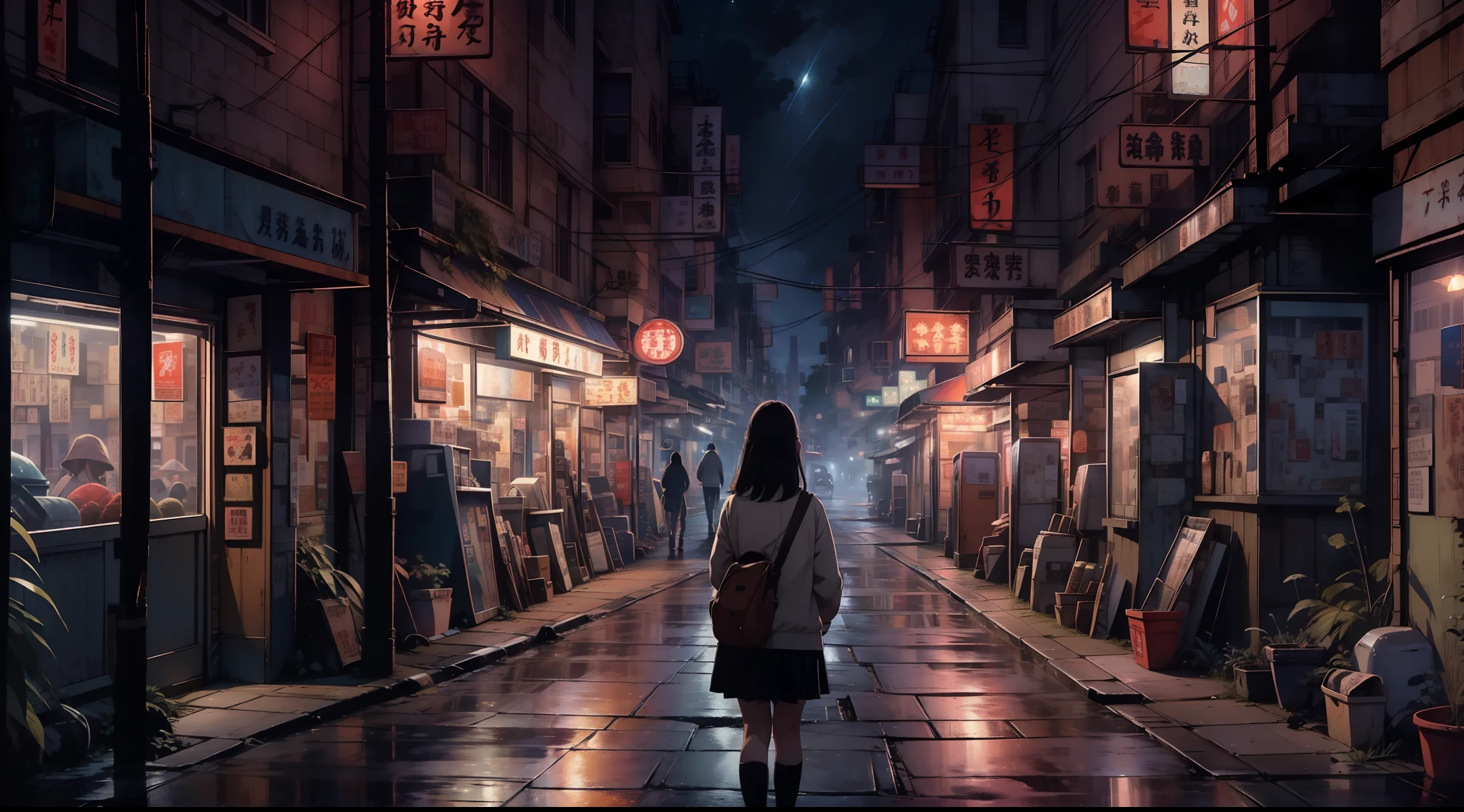 A nostalgic digital painting inspired by the enchanting world of Studio Ghibli. The artwork depicts a charming, small-town street at night, exuding a sense of tranquility and wonder. The scene is set for a cinematic moment, reminiscent of a scene from a Ghibli film. In the composition, a solitary junior high school girl stands in contemplation, her back turned to the viewer, emanating a touch of melancholy. The world around her is beautifully detailed, capturing the essence of a nostalgic atmosphere. The sky above is adorned with a breathtaking display of stars, evoking a feeling of wistful reminiscence that resonates with viewers of all ages.