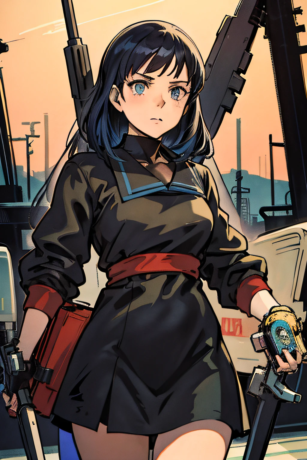 Anime girl with gun and gun in hand standing in front of gas station, girl with warship parts, Kantai Collection Style, cushart kenz, Official art, official artwork, cushart krenz, portrait anime space cadet girl, shipgirls, marin kitagawa fanart, cushart krenz key art feminine, Anime Rosie Riveter Poster