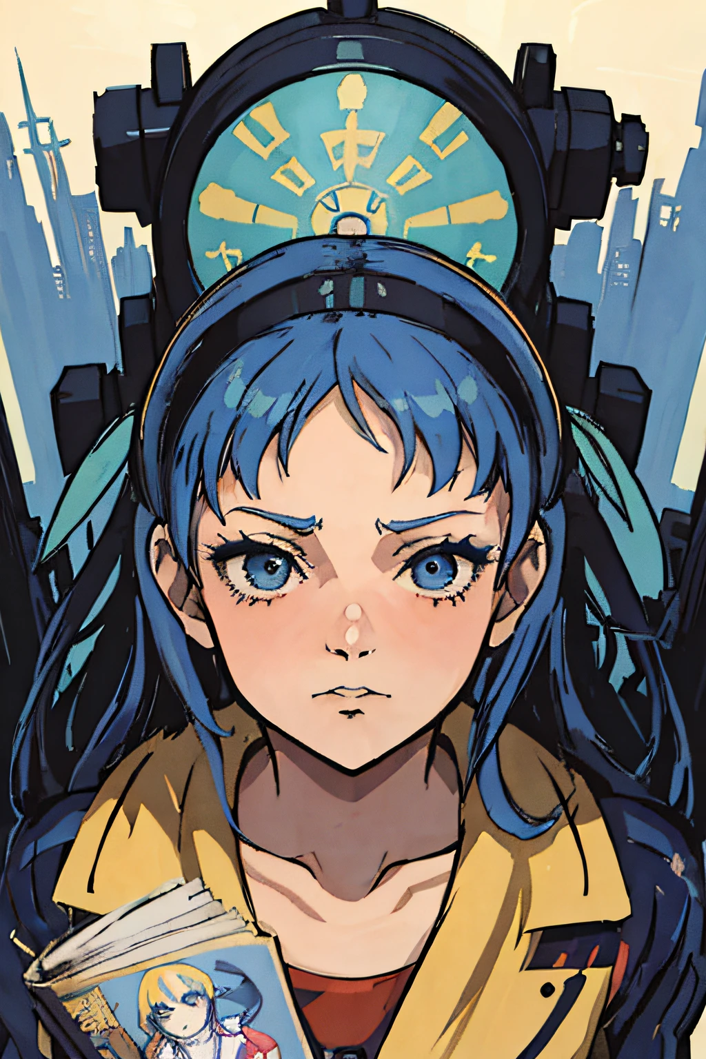 Anime girl with blue hair and yellow jacket holding book, portrait anime space cadet girl, anime girl of the future, Anime Manga Robot!! Anime Girl, official artwork, portrait knights of zodiac girl, Jet Set Radio Artwork, anime style 4 k, digital art in anime style, Digital Cyberpunk Anime Art, digital anime illustration, Detailed Digital Anime Art, Official art