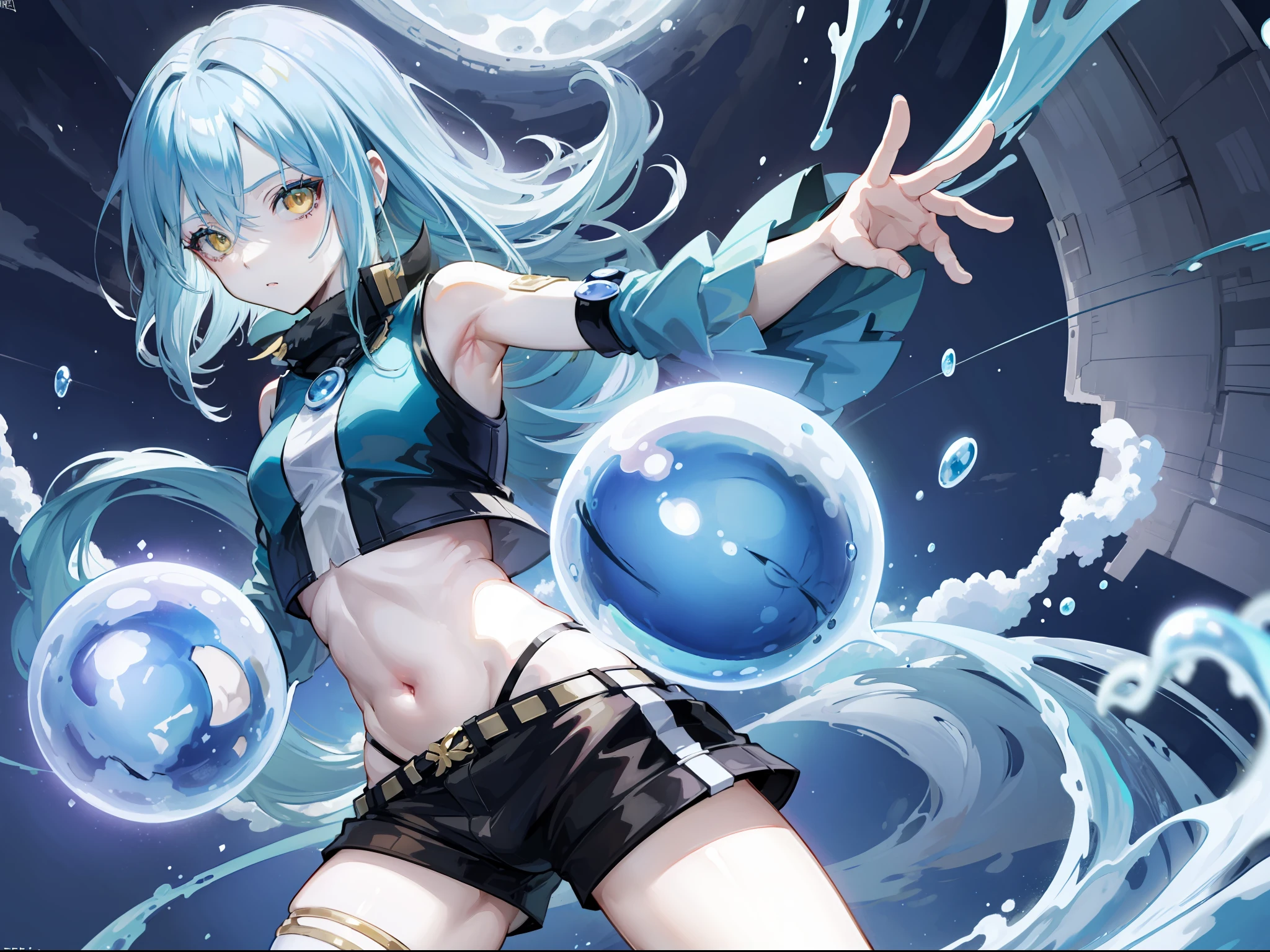 ((rimuru tempest, crop top, armpit, short pants, jungle)), masterpiece, Top quality, Ultra high definition, Maximum resolution, Very detailed, Clean skin, Anime.