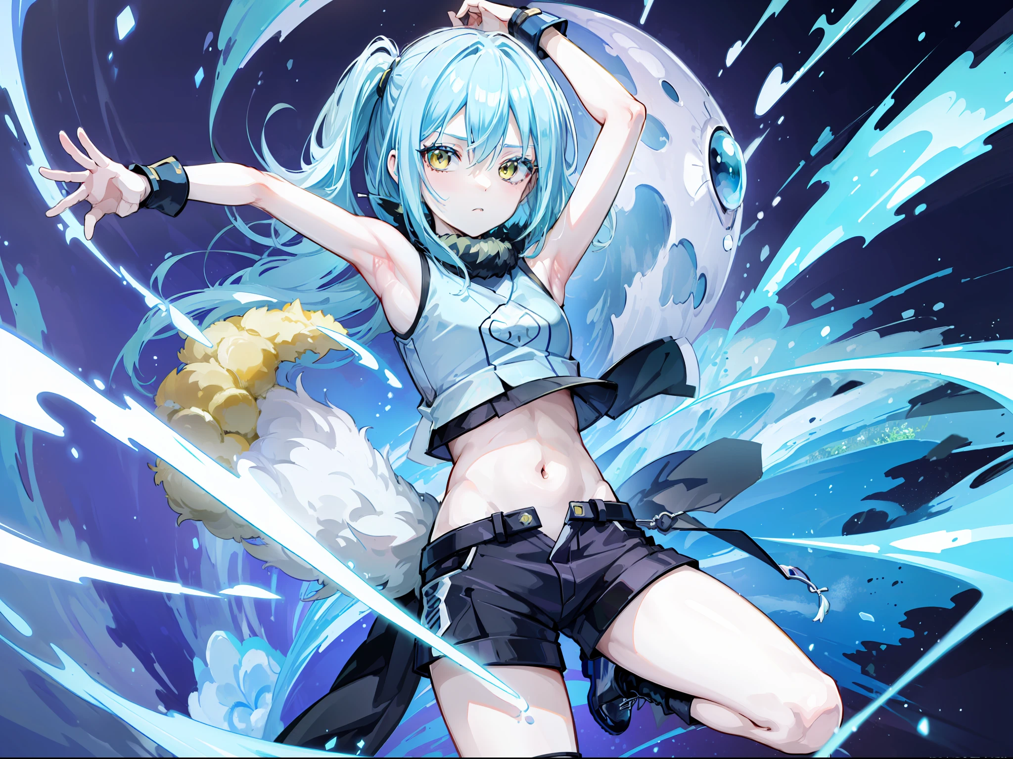 ((rimuru tempest, crop top, armpit, short pants, jungle)), masterpiece, Top quality, Ultra high definition, Maximum resolution, Very detailed, Clean skin, Anime.