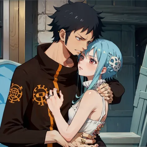 2guys、trafalgar law、hugging 15 year old girl with short light blue hair and red eyes、the cuddling girl is short stature