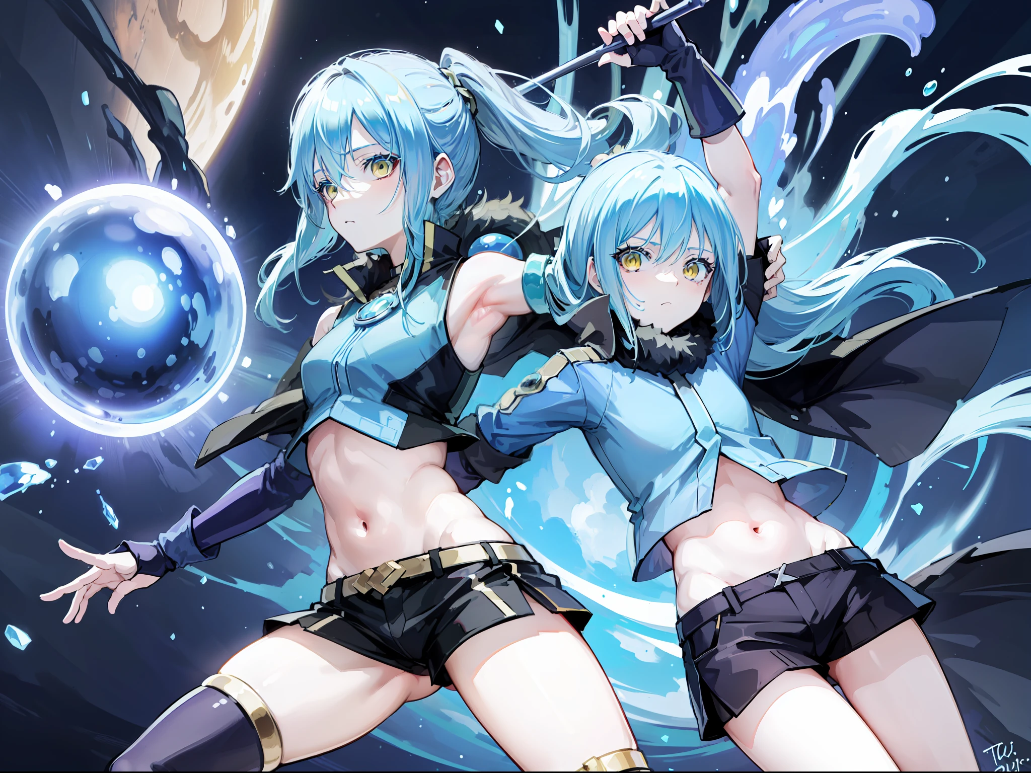 ((rimuru tempest, crop top, armpit, short pants, jungle)), masterpiece, Top quality, Ultra high definition, Maximum resolution, Very detailed, Clean skin, Anime.