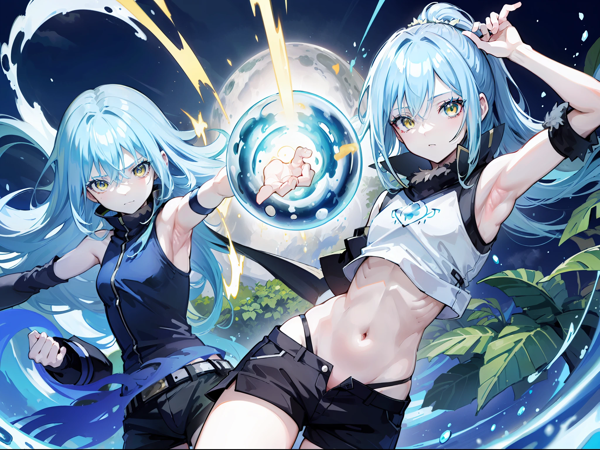 ((rimuru tempest, crop top, armpit, short pants, jungle)), masterpiece, Top quality, Ultra high definition, Maximum resolution, Very detailed, Clean skin, Anime.