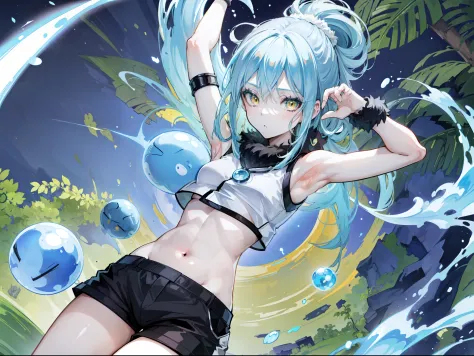 ((rimuru tempest, crop top, armpit, short pants, jungle, Her breasts are visible )), masterpiece, Top quality, Ultra high defini...