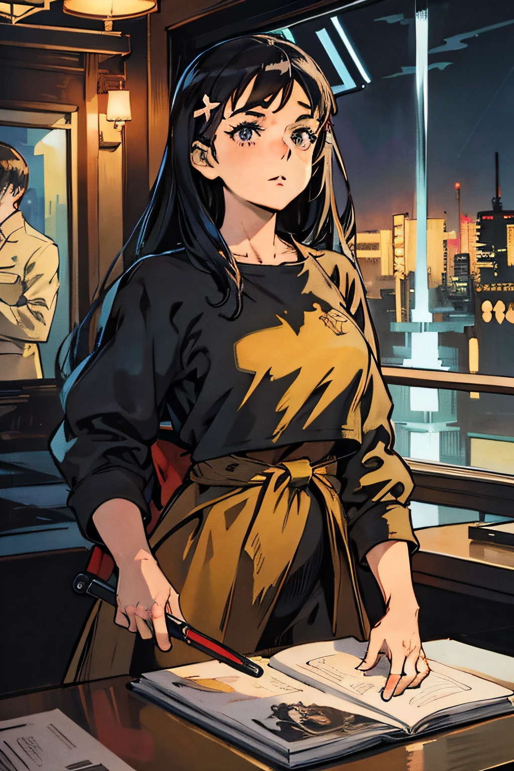 Anime girl in a café with a book and a knife, 4 k manga wallpaper, anya from spy x family, anime style 4 k, Official art, girls frontline style, high detailed official artwork, from girls frontline, badass anime 8 K, Fine details. girls' frontline, Kantai Collection Style, Anime visuals of cute girls, marin kitagawa fanart, In anime style