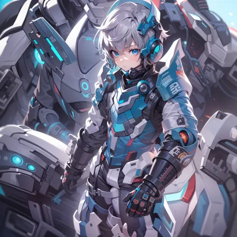 game cg，8k quality，((younge boy))，sense of childhood，anime male protagonist，mecha simple lens helmet，serious eyes，silver-blue dy...