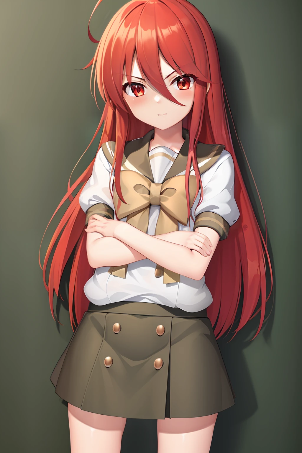 masterpiece, best quality,extremely detailed CG unity 8k wallpaper, 
1girl,shana,red hair,red eyes,short sleeves school uniform,crossed arms,ahoge,