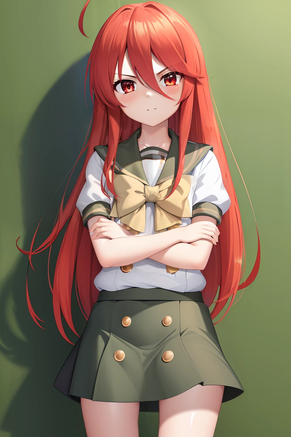 masterpiece, best quality,extremely detailed CG unity 8k wallpaper, 
1girl,shana,red hair,red eyes,short sleeves school uniform,crossed arms,ahoge,