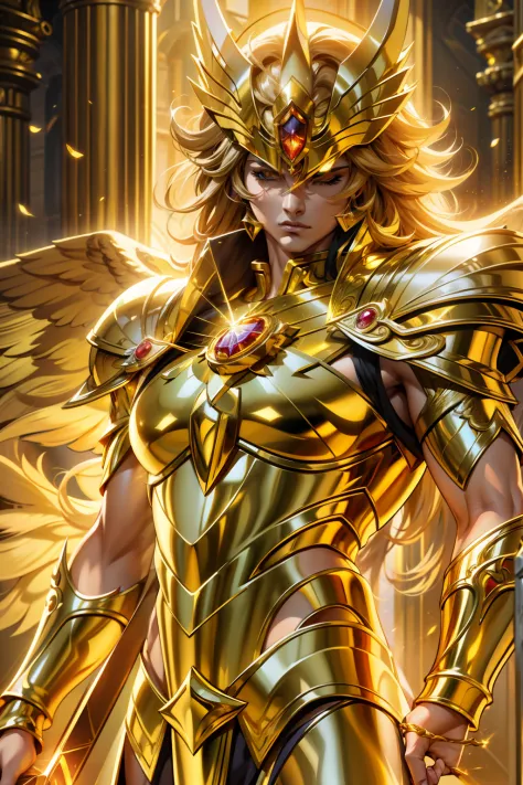 Gold Saint Seiya,Golden full body robes,largeeyes,tmasterpiece,Majestic scene,ornate backdrop,offcial art, Unity 8k wallpaper, Ultra detailed, Beautiful and aesthetic, Masterpiece, Best quality, Photorealistic,Sportsman,lineworks,muscline,holy sword,Eagle ...