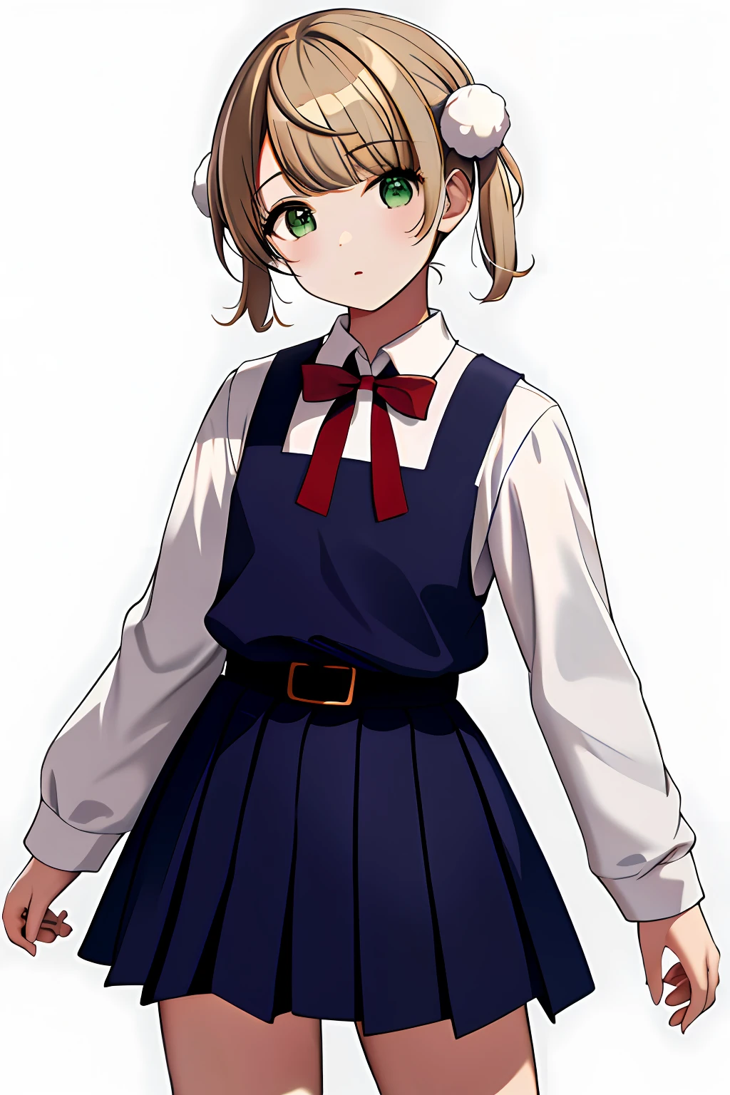 masterpiece, best quality, highres, ui3, 1girl, solo, green eyes, pom pom \(clothes\), pinafore dress, white shirt, white socks, long sleeves, aged down, short hair, belt, red bowtie, bangs, school uniform, blue dress, collared shirt, cowboy shot,