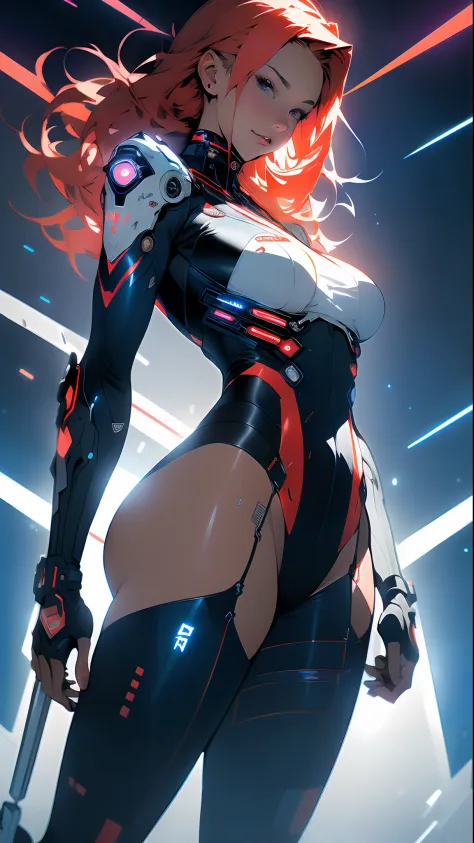 ((Best quality)), ((masterpiece)), (detailed: 1.4), (Absurd), Caucasian woman fighter pilot ready for war, back, perfect ass, defined muscular sculptural body, half-thick bare thighs, closed mouth, only in panties, muscular body covered in technological cl...