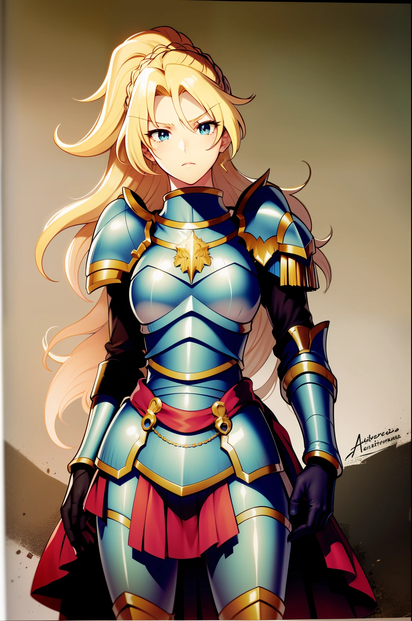 Alicetaria : cheveux blonds, cheveux longs, Queue, Yeux verts : armure, Crétons, cap, Gantelets, pleated  skirt, shoulder armor, Pauldron : Chemise bleue, pleated  skirt, marche, Tenue de lance, Arme de maintien