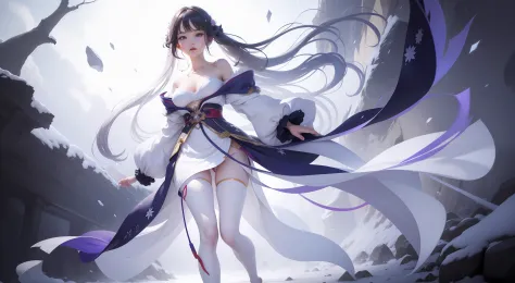 white hair, blue eyes, big boobs, bent over, bare shoulders, anime girls,  heels, sword