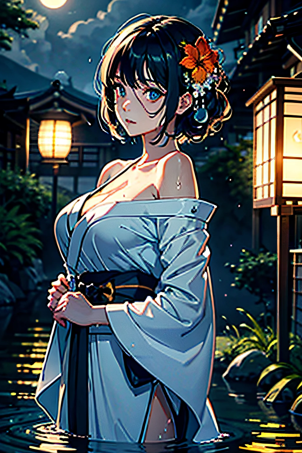 1girl, breasts, moon, lantern, night, solo, large breasts, hair ornament, wet, kimono, japanese clothes, wading, water, hair flower, flower, outdoors, sky, full moon, rain, black hair, off shoulder, mountain, cloud, holding, sash, bare shoulders, paper lantern, standing, white kimono, night sky, sideboob, obi, wet clothes, bangs, tree, from side, reflection, short hair, cloudy sky, wet hair (((masterpiece),(extremely detailed CG unity 8k wallpaper),best quality,,solo,1girl,cinematic lighting,detailed background,beautiful detailed eyes,bright pupils, (an extremely delicate and beautiful),(Beautiful and detailed eye description)， ultra-detailed,masterpiece,)),