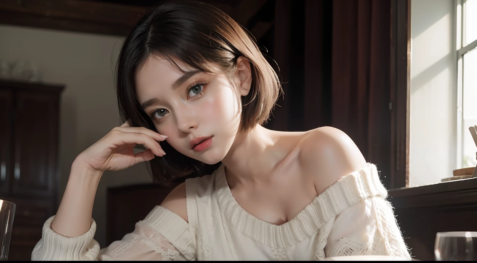 Fantasy. a girl, sitting, bare shoulders, detailed (((loose))) white sweater. large breasts, half body portrait, ((looking at away)), stunningly beautiful, mint bob hair, blush, humble, table, home, hands. highly detailed. Cinematic lighting, (nsfw:1.27)