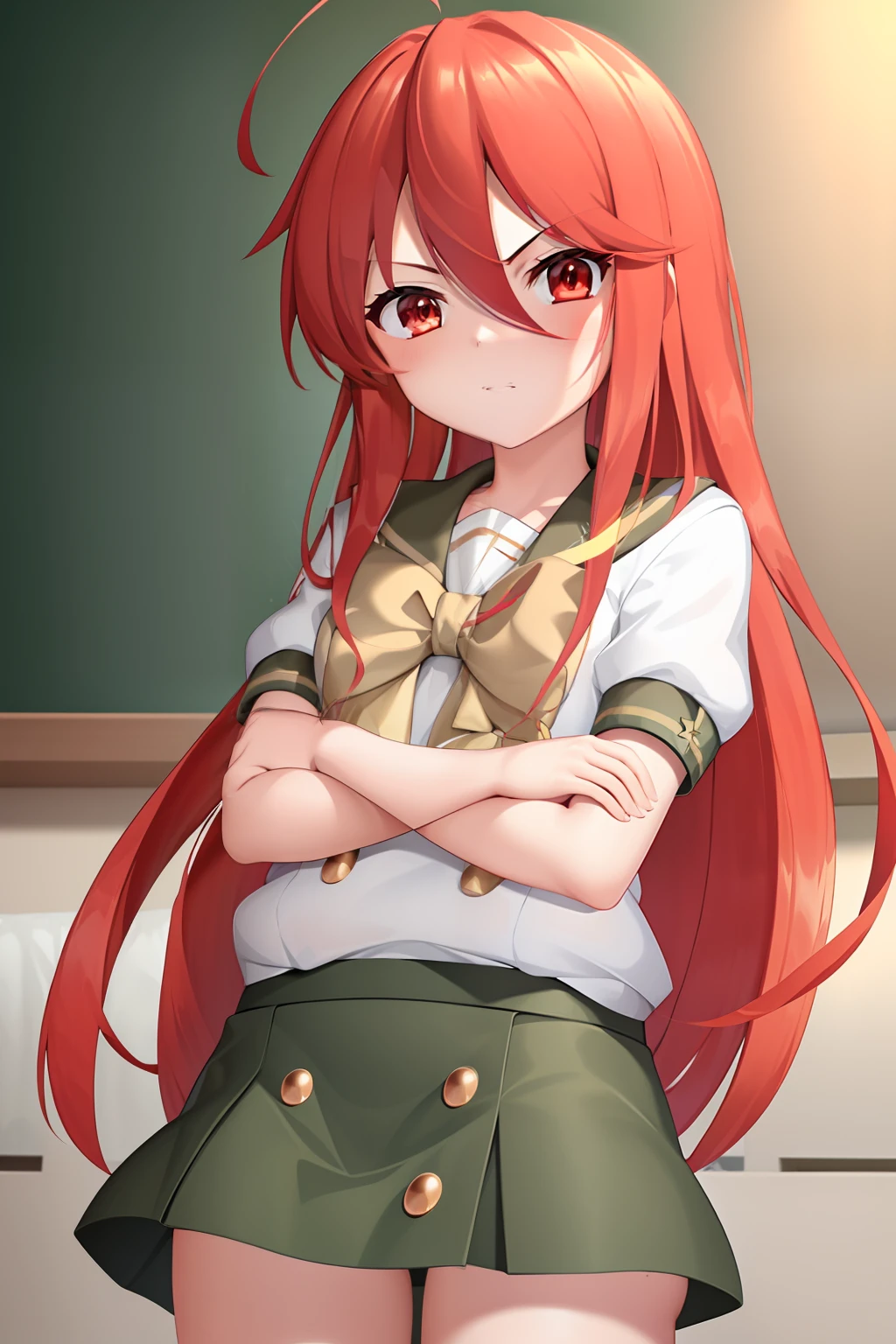 masterpiece, best quality,extremely detailed CG unity 8k wallpaper, 
1girl,shana,red hair,red eyes,short sleeves school uniform,crossed arms,ahoge,