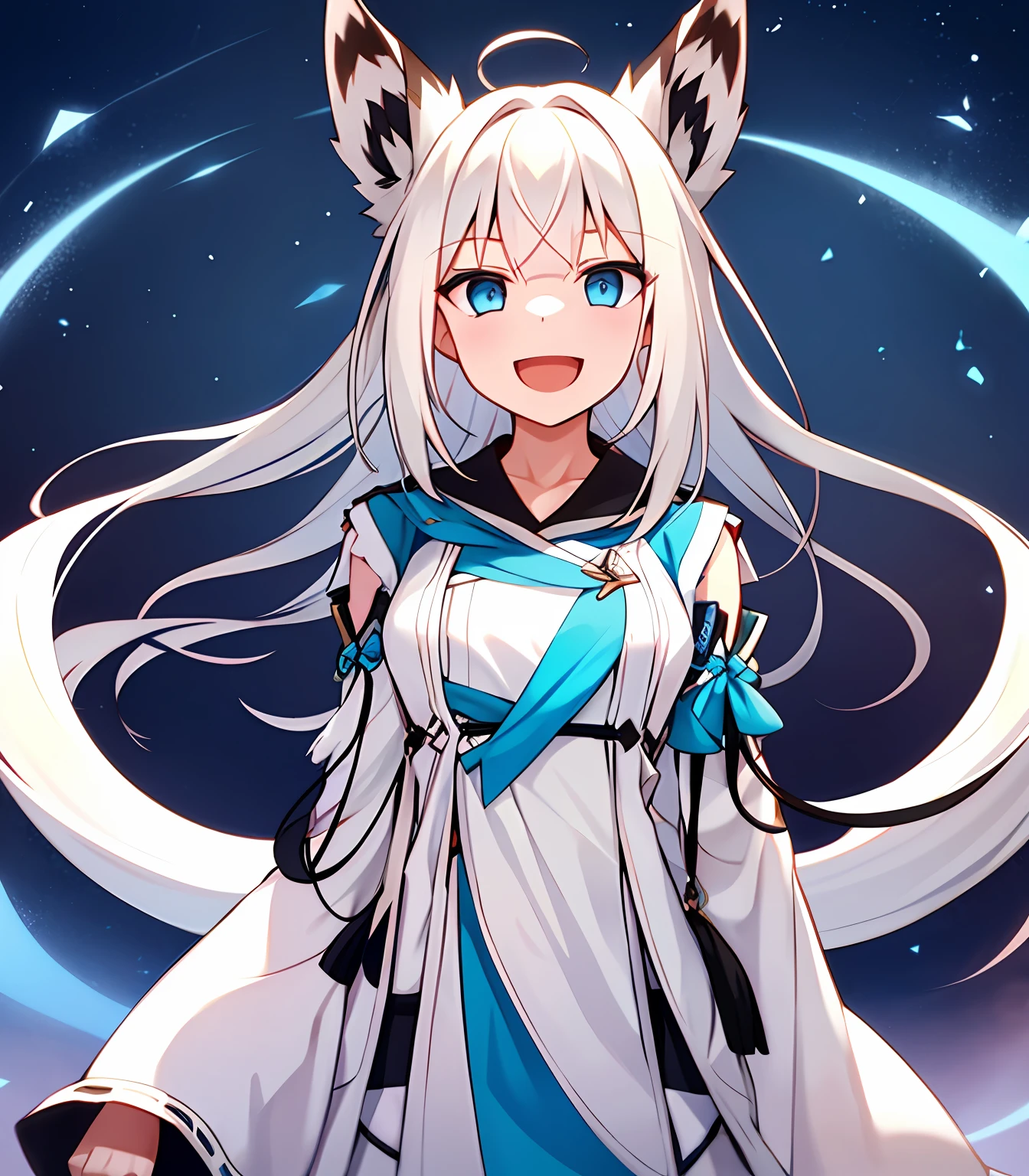 1 girl, Furry woman, White fox, Masterpiece, Light blue eyes, Light smile, Open mouth, \: