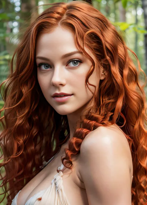Ultra-high quality photo, RAW photo, beautiful detailed face and eyes, (happy face: 1.5), 1 naked girl view from below,, solo, (wavy red hair, hair intakes hair:1.36), in a forest, standing in various sexy poses, full body, outroors, naked fit body, nice l...