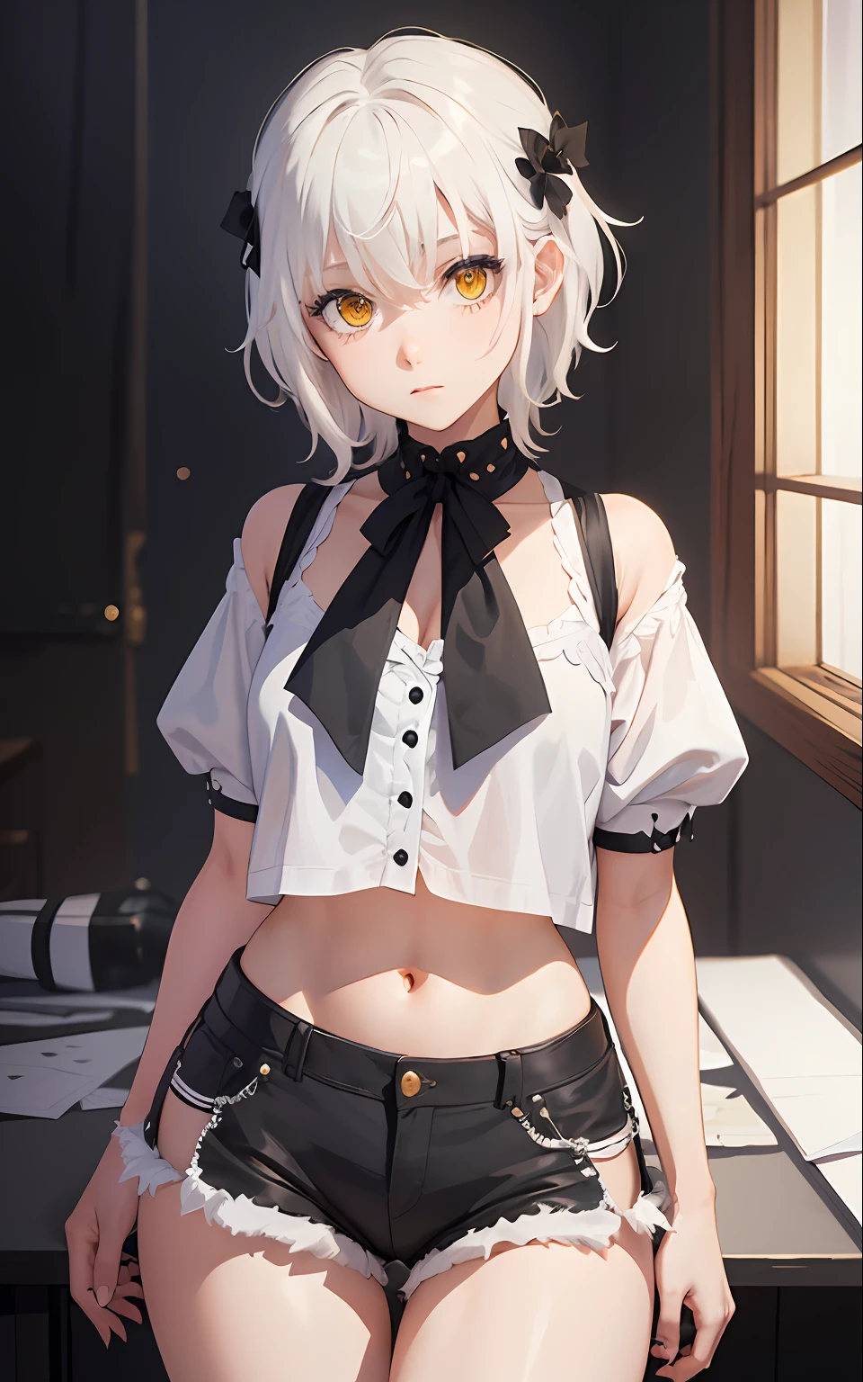 masterpiece, short shorts, navel, collarbone, masterpiece, best quality, highres, dark persona, watercolor painting theme, (looking at the viewer: 1.1), wide hips, big ass, standing, bent, tojou koneko, yellow eyes, white hair, short hair, hair decoration, white shirt, black ribbon around the neck,