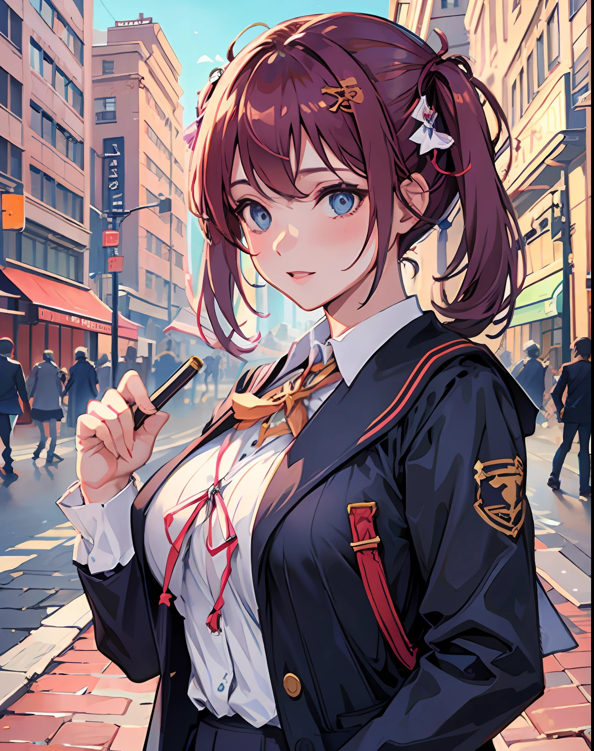 one girl, big breasts, 
outdoor, cityscape, street, standing, cowboy shot 
((school uniform)), seraphk, 
Brush