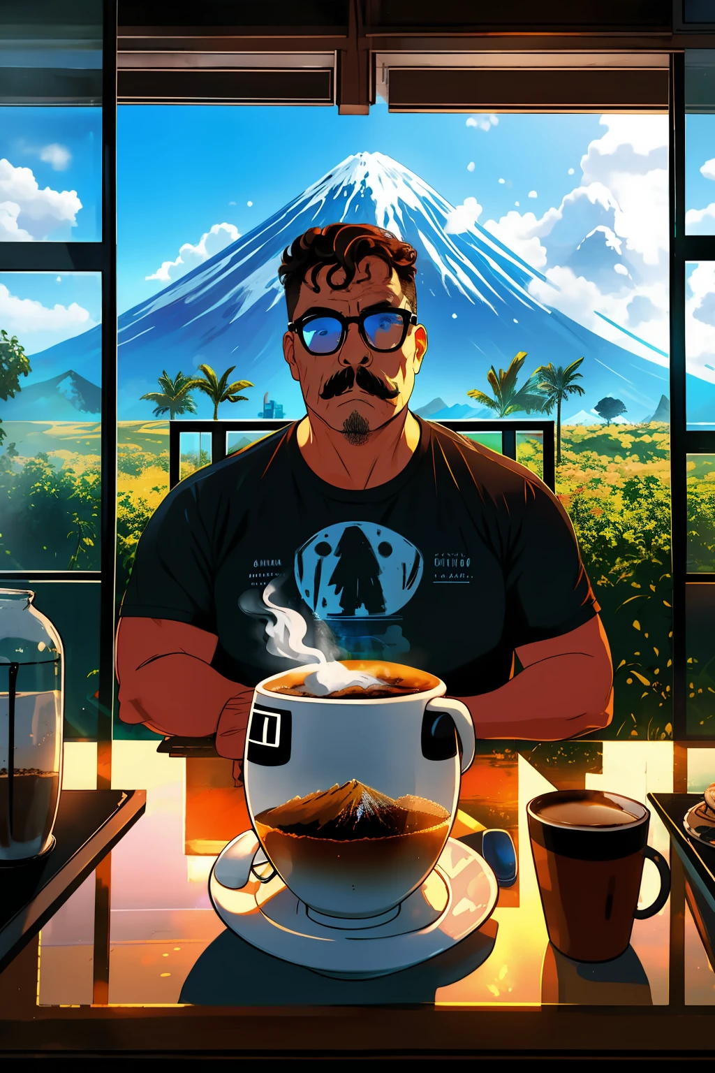 realistic portrait of a man with glasses, beard and mustache, defined and detailed face, with a cup of coffee in your hands. He is sitting in a charming cafe. Through the window you can see a volcano erupting with lava and fire. Imaginative and realistic dinner. Detailed and sensational. 8K. uhd