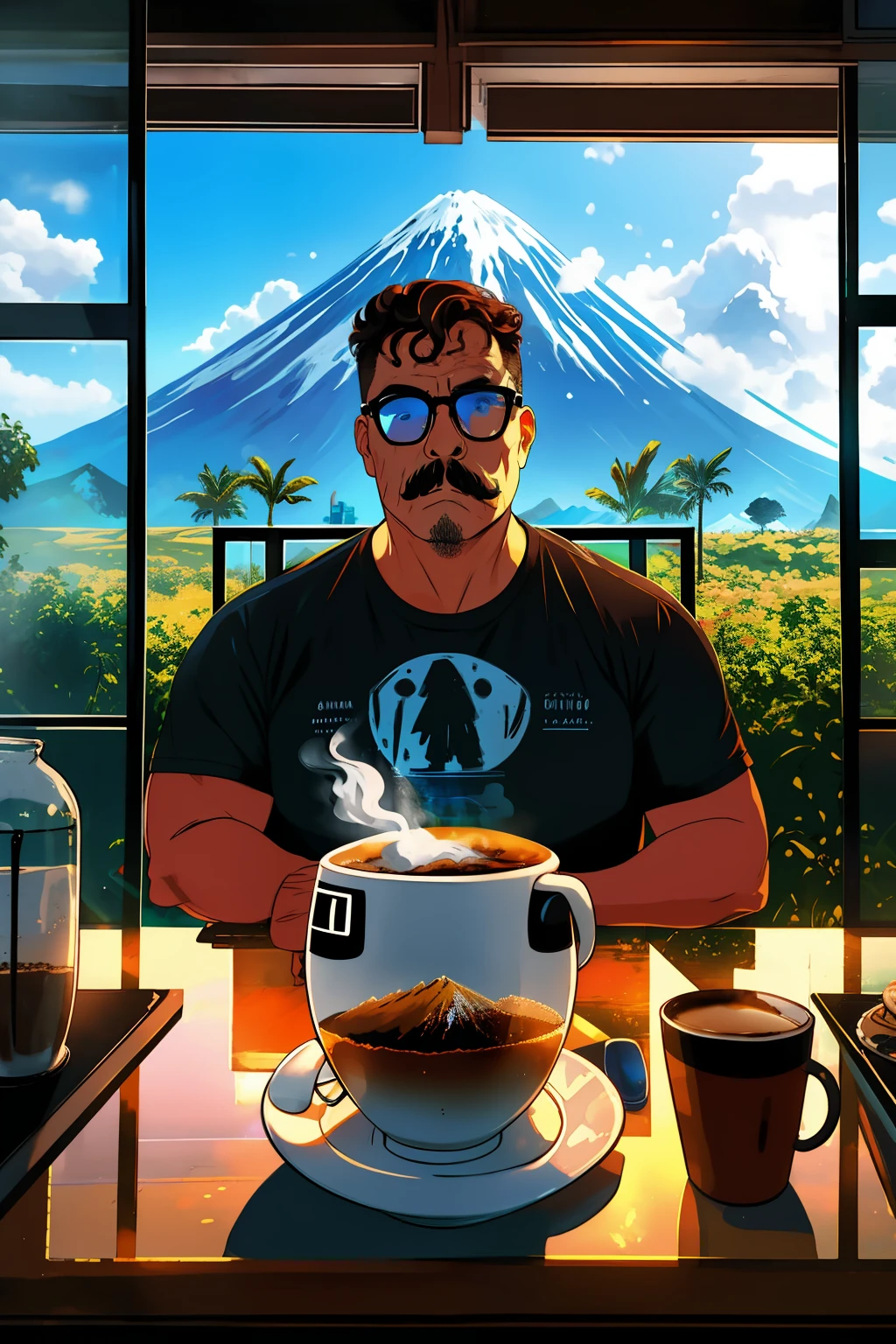 retrato realista de um homem de oculos barba e bigode, rosto definido e detalhado, with a cup of coffee in your hands. Ele esta sentado em uma cafeteria charmosa. Through the window you can see a volcano erupting with lava and fire. Cena fantasiosa e realista. Detalhada e sensacionalista. 8k. UHD