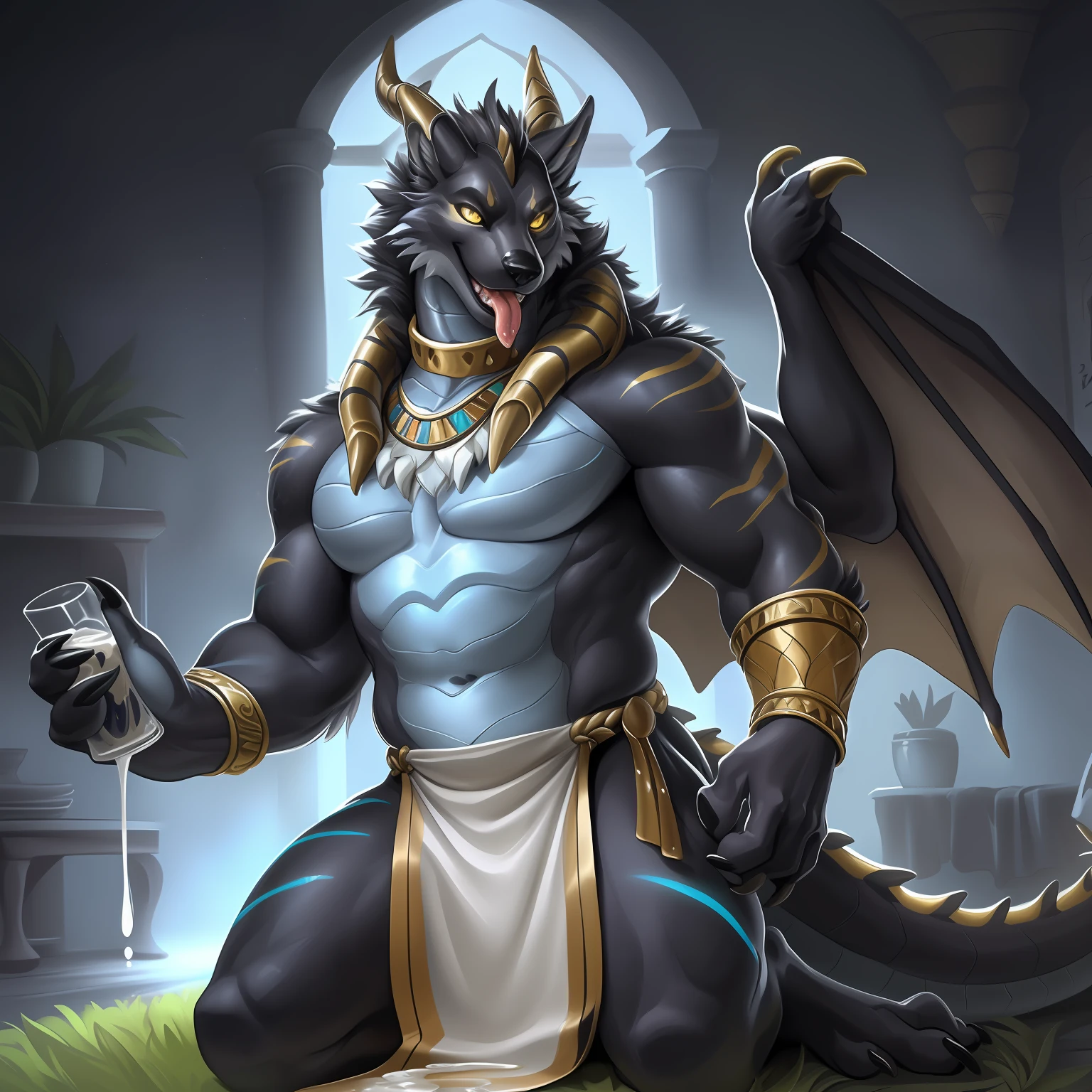 Solo, Male, (Muscular), sacrifices, (male anthro wolf):1.3, Pure black body, (Kamimei):1.3, (komono:1.4) (DOA):1.23, (，Wears a short white loincloth）, Detailed eyes, lizard tail,A pair of dragon horns, A pair of dragon wings，((three-quarter portrait)), (Detailed eyes, Yellow eyes are always red, Black skin，Yellow stripes，Sharp claws，Cute beast claws，Stick out her tongue，drools，Spillage of whole body fluids，Lower body leakage，Fluid spills from the lower body，Milk spilled all over the floor，Egyptian costumes，Abinus，glowing light eyes):1.1, (inside in room:1.35), In the bedroom，Crouch on the bed，Dimly lit，Be licked，enjoying，obsessed， Be red in the face，Collar，submit to，Petting the，drunk，ssmile，enjoying，looking to the camera，submit to，having fun，Grass beds，（Particle，glowworm，blue glowing）：1.3，detailedbackground，realisticlying，realistic hand，8k hdr，（Dark shadows，Wide dynamic range，hdr，high light：1.2），author（pino daeni，（author：by ruaidri），author：virtyalfobo）