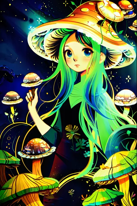 masterpiece, best quality, 1 woman, many eyes, glowing mushrooms stick out of her hair, space background, feef,