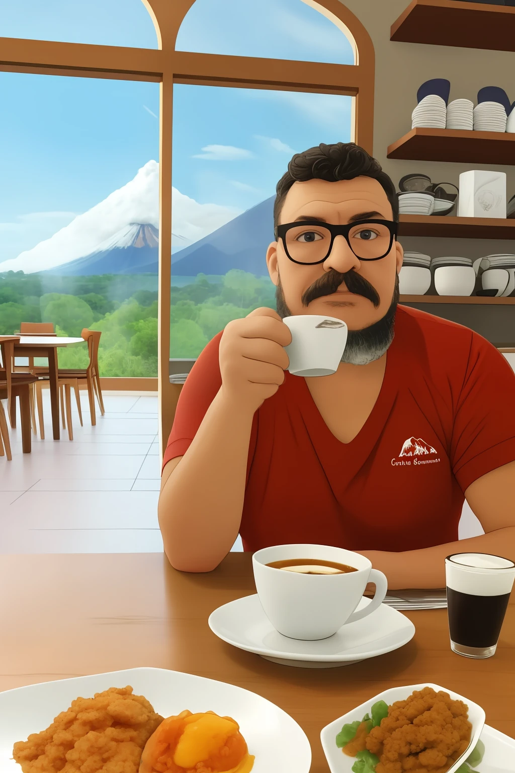 portrait réaliste d&#39;un homme avec des lunettes, une barbe et une moustache, visage défini et détaillé, avec une tasse de café dans les mains. Il est assis dans un charmant café. Par la fenêtre, vous pouvez voir un volcan en éruption avec de la lave et du feu.. Dîner imaginatif et réaliste. Détaillé et sensationnel. 8k. UHD