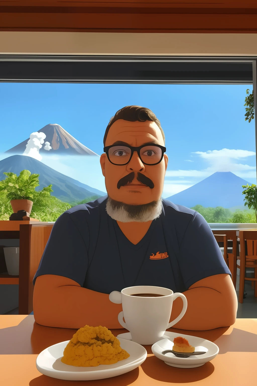 retrato realista de um homem de oculos barba e bigode, rosto definido e detalhado, with a cup of coffee in your hands. Ele esta sentado em uma cafeteria charmosa. Through the window you can see a volcano erupting with lava and fire. Cena fantasiosa e realista. Detalhada e sensacionalista. 8k. UHD