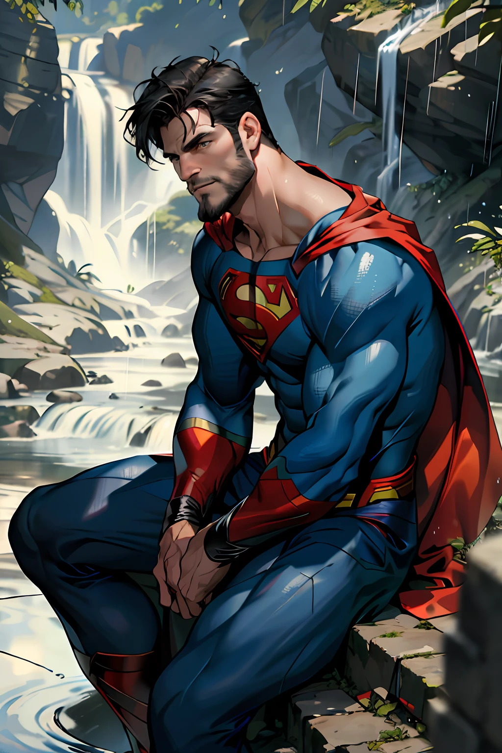 Best quality, masterpiece, expressionless,ultra high res,detailed background,realistic,Superman, long Cape solo,male,muscular,mature male,short hair,facial hair,sitting,waterfall,river,real shadow and light,depth of field,chest, underwear, rain