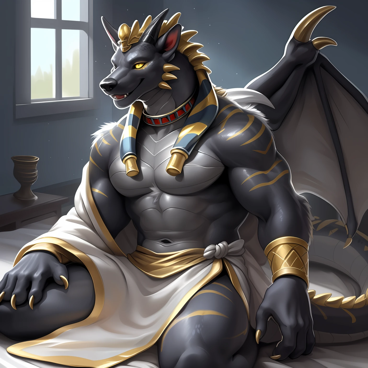 Solo, Male, (Muscular), sacrifices, (male anthro wolf):1.3, Pure black body, (Kamimei):1.3, (komono:1.4) (DOA):1.23, (，Wear a white bathrobe）, Detailed eyes, lizard tail,A pair of dragon horns, A pair of dragon wings，((three-quarter portrait)), (Detailed eyes, Yellow eyes are always red, Black skin，Yellow stripes，Sharp claws，Cute beast claws，drools，Fluid spills from the lower body，Milk spilled all over the floor，Egyptian costumes，Egyptian totem，Abinus，glowing light eyes):1.1, (inside in room:1.35), In the bedroom，Lie down in bed，Dimly lit，Be licked， Be red in the face，Collar，submit to，drunk，enjoying，looking to the camera，having fun（Particle，glowworm，blue glowing）：1.3，detailedbackground，realisticlying，realistic hand，8k hdr，（Wide dynamic range，hdr，high light：1.2），author（pino daeni，（author：by ruaidri），author：virtyalfobo）