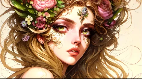 /imagine prompt: uma mulher loira de cabelos longos com olhos fechados , fairy, mother nature, Siderotype