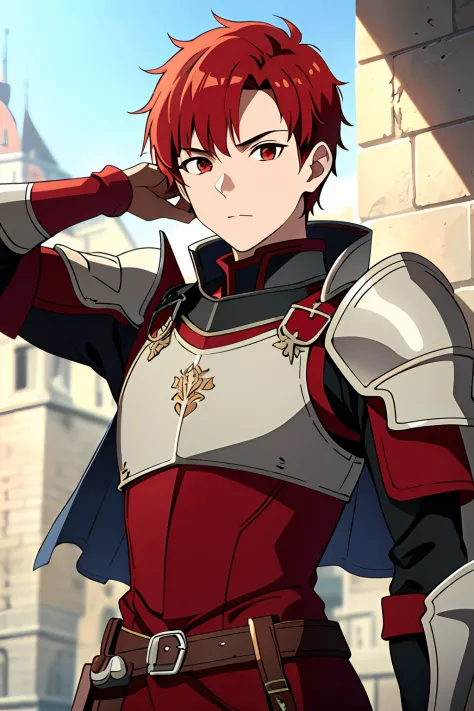 Male, 16 years old, short red hair, detailed face, in armor, longsword on back, front camera