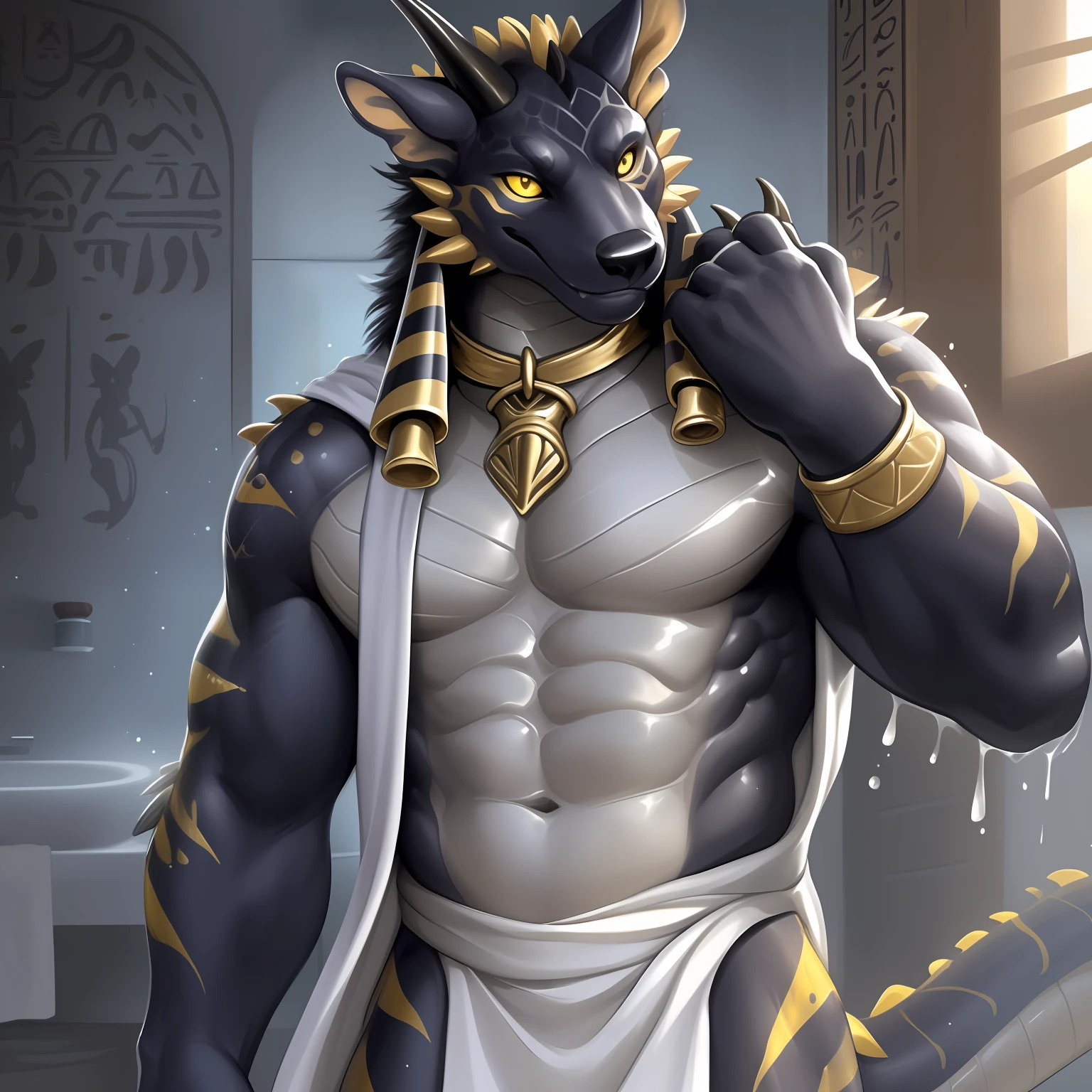 Solo, Male, (Muscular), sacrifices, (male anthro wolf):1.3, Pure black body, (Kamimei):1.3, (komono:1.4) (DOA):1.23, (，Wear a white bathrobe）, Detailed eyes, lizard tail,A pair of dragon horns, A pair of dragon wings，((half-body portrait)), (Detailed eyes, Yellow eyes are always red, Black skin，Yellow stripes，Sharp claws，Cute beast claws，drools，Fluid spills from the lower body，Milk spilled all over the floor，Egyptian costumes，Egyptian totem，Abinus，glowing light eyes):1.1, (inside in room:1.35), In the bath，taking a shower，Bright white illumination， Be red in the face，Collar，submit to，drunk，enjoying，looking to the camera，having fun（Particle，glowworm，blue glowing）：1.3，detailedbackground，realisticlying，realistic hand，8k hdr，（Wide dynamic range，hdr，high light：1.2），author（pino daeni，（author：by ruaidri），author：virtyalfobo）