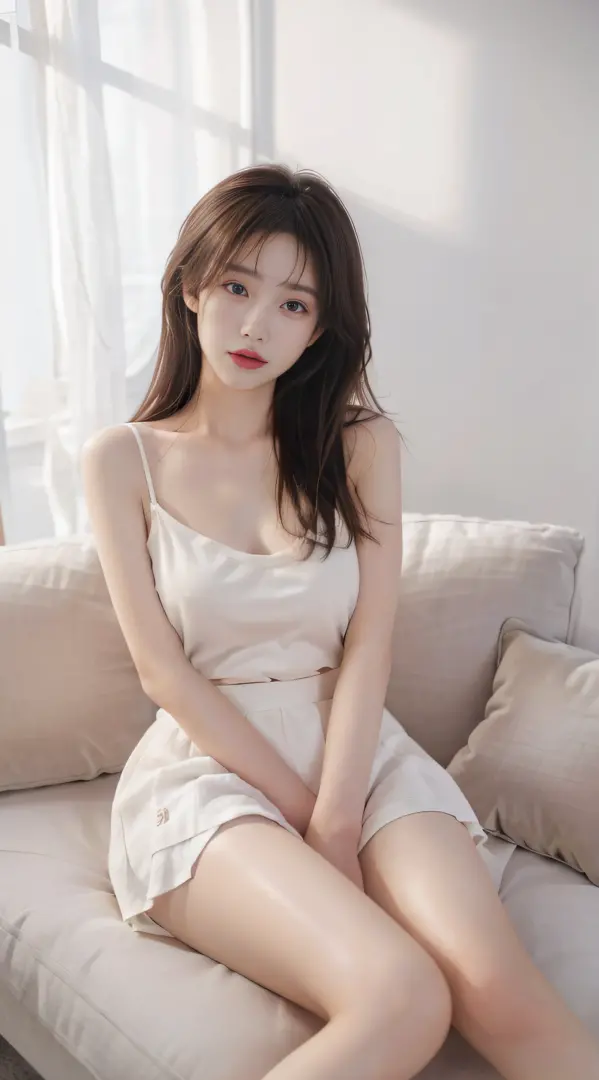 Masterpiece, Ultra-realistic quality, (1 girl), (Young woman), Chinese girl, (Mature face), face clean, Realistic face, (Perfect face), Delicate face, Fair skin, sitting in the couch, Long legs, (curly), Short hair, Brown hair, with hands resting on knees,...