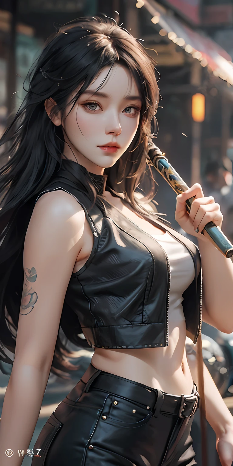 close-up of a Caucasian woman, female layered hair, black hair, wearing a black vest, black trousers, holding a baton, beautiful character drawing, guweiz, guweiz style artwork, by Yang J, epic exquisite character art, gorgeous character art, by Fan Qi, by Wuzhun Shifan, guweiz on pixiv artstation