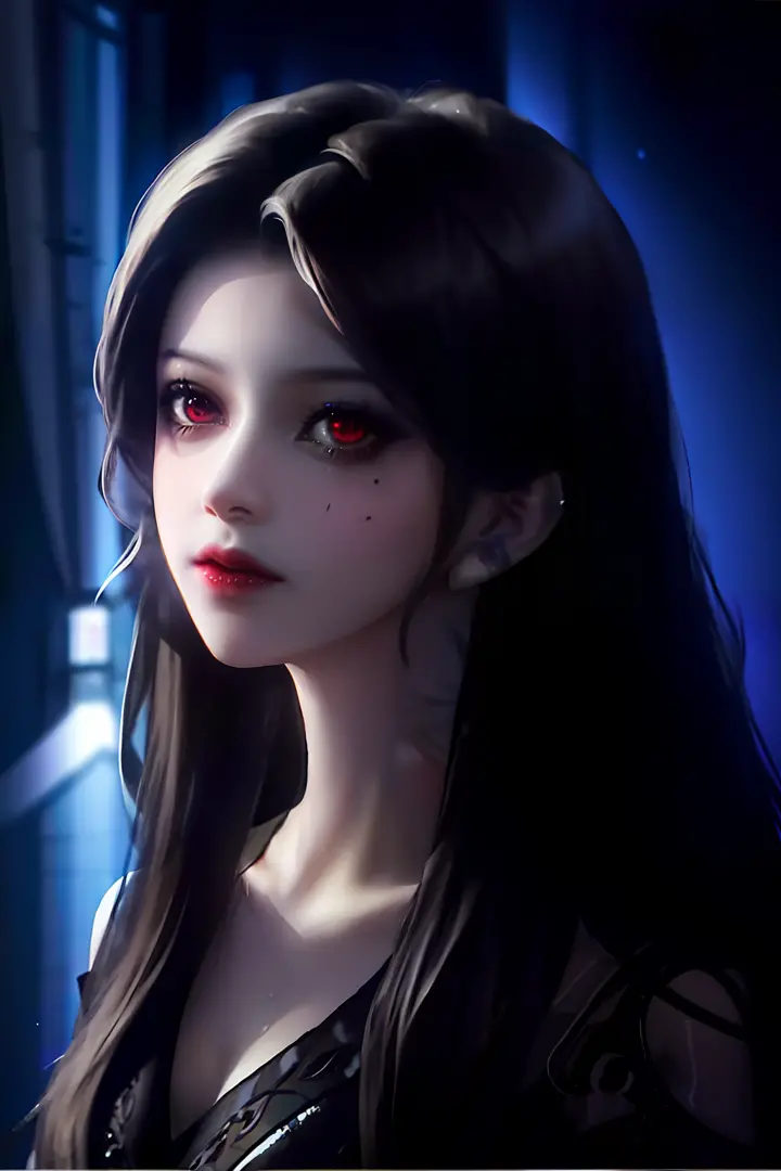 (Detailed background,Dark fantasy), (Beautiful detailed face), High contrast, (Best illumination, An extremely delicate and beautiful), ((Cinematic light)), Colorful, hyper-detailing, Dramaticlight, Intricate details, (1 girl, Solo,Black hair, sharpy face,...