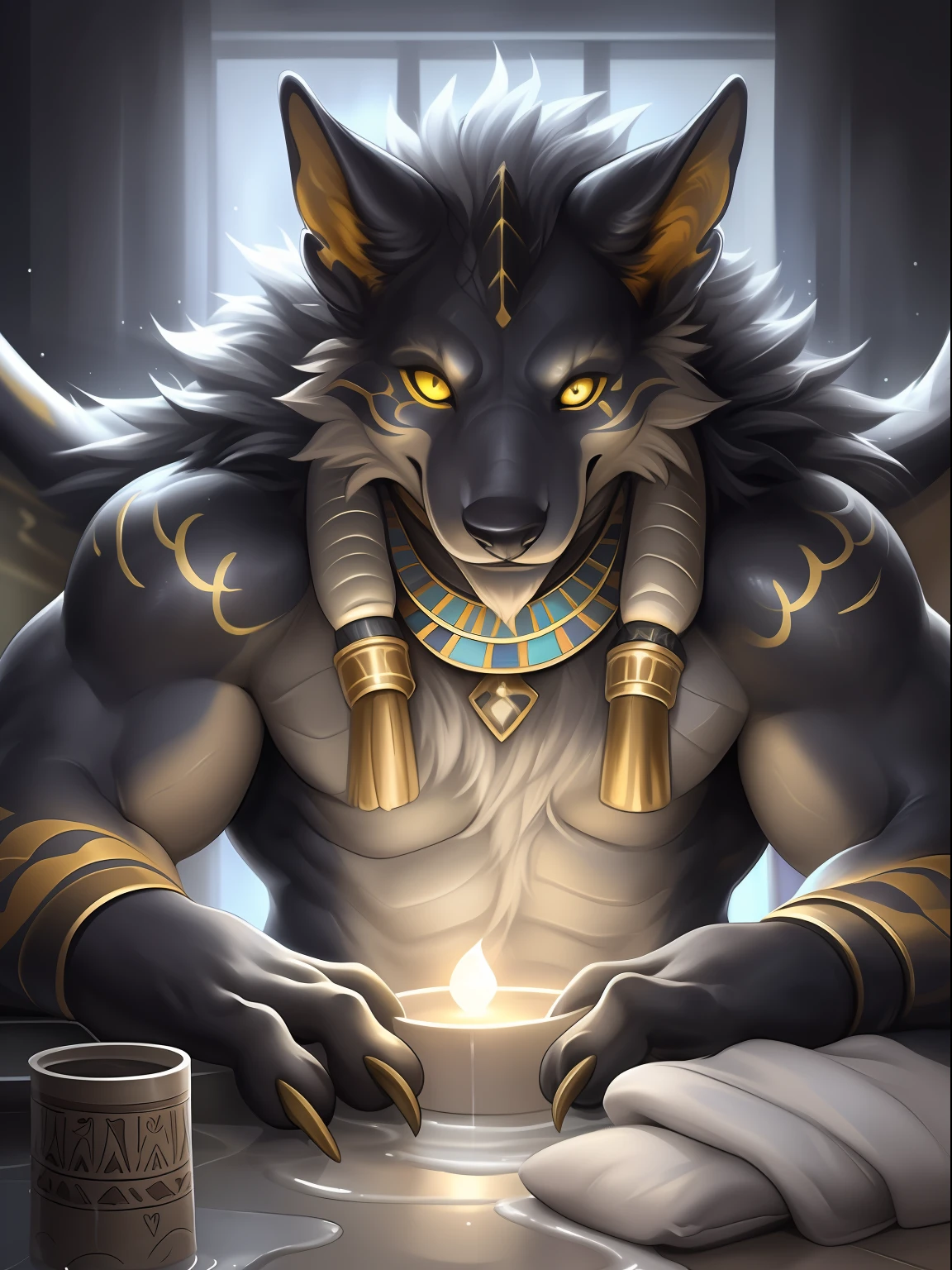 Solo, Male, (Muscular), sacrifices, (male anthro wolf):1.3, Pure black body, (Kamimei):1.3, (komono:1.4) (DOA):1.23, (，Wear a white bathrobe）, Detailed eyes, lizard tail,A pair of dragon horns, A pair of dragon wings，((half-body portrait)), (Detailed eyes, Yellow eyes are always red, Black skin，Yellow stripes，Sharp claws，Cute beast claws，drools，Fluid spills from the lower body，Milk spilled all over the floor，Egyptian costumes，Egyptian totem，Abinus，glowing light eyes):1.1, (inside in room:1.35), In the bath，taking a shower，Bright white lighting， Be red in the face，Collar，submit to，drunk，enjoying，looking to the camera，having fun（Particle，glowworm，blue glowing）：1.3，detailedbackground，realisticlying，realistic hand，8k hdr，（Wide dynamic range，hdr，high light：1.2），author（pino daeni，（author：by ruaidri），author：virtyalfobo）