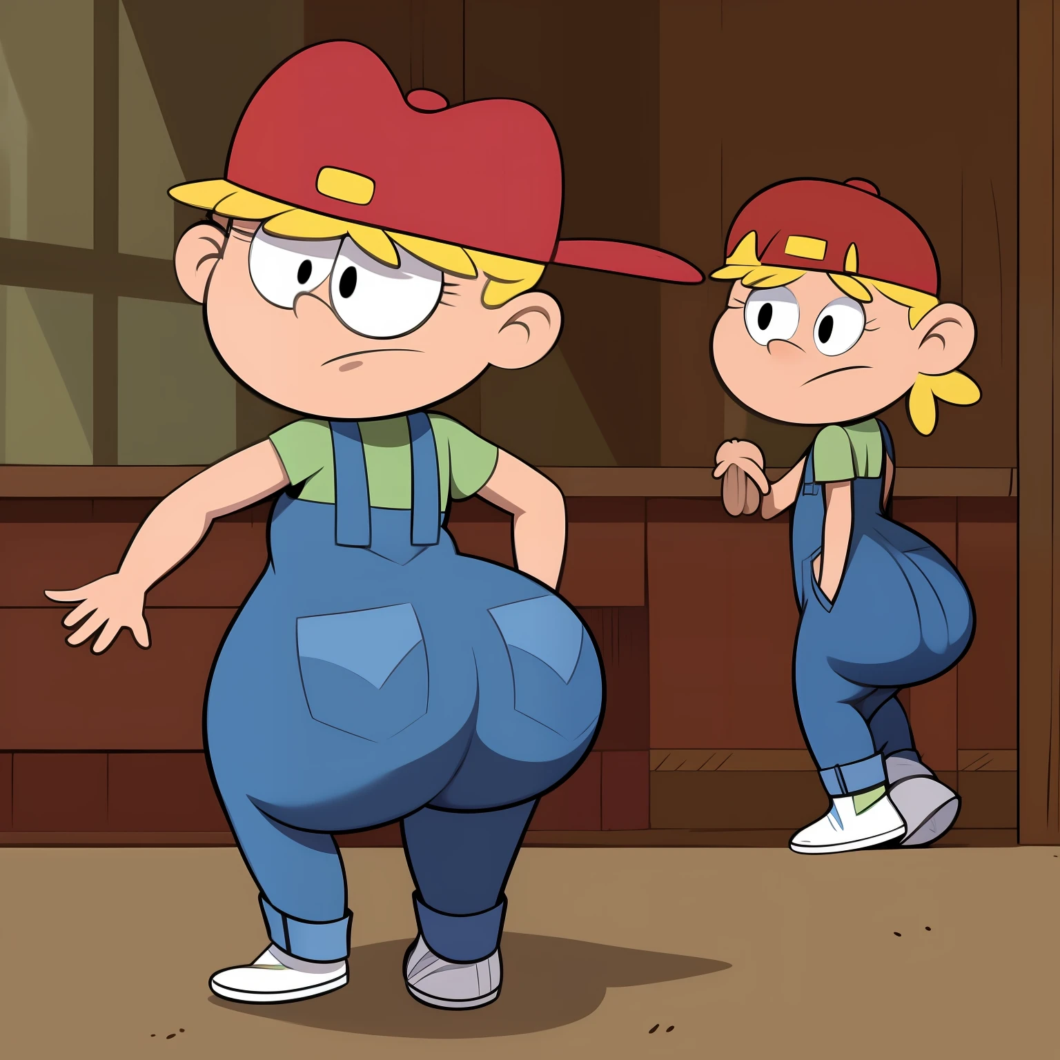 A close up of two cartoon characters in overalls and a hat - SeaArt AI