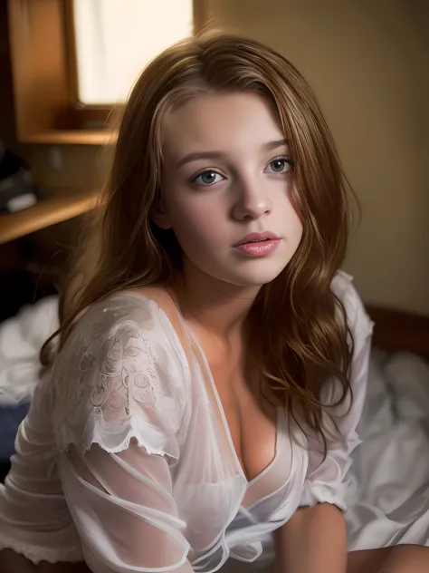 Portrait of a cute 21-year-old teenage girl with a perfect, Beautiful face, Russisch, in panties and see-through blouse, sehr lange lockige haare, big tits, im Bett (dunkles privates Arbeitszimmer, dunkles, stimmungsvolles Licht: 1,2)