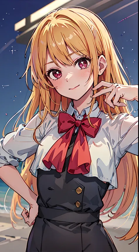 beautiful art depicting hoshino ruby with blonde hair, iridescent various shades in the sun's rays.