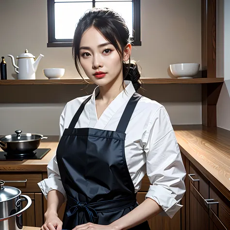 Best quality, Hyper-realistic, insanely details, Beauty, Cute, In the kitchen stood a woman in a black apron, wearing apron, ( w...