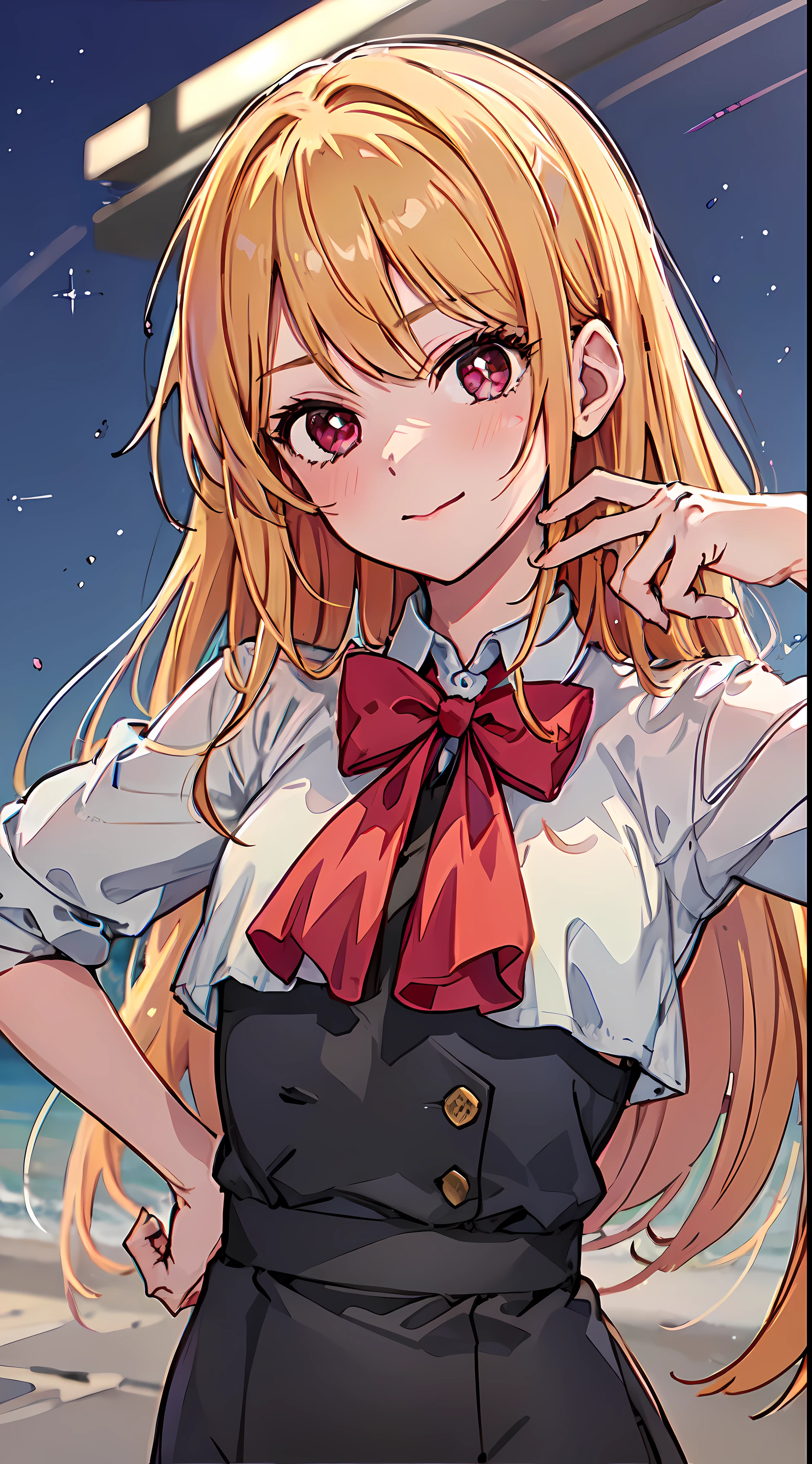 beautiful art depicting Hoshino Ruby with blonde hair, iridescent various shades in the sun's rays.