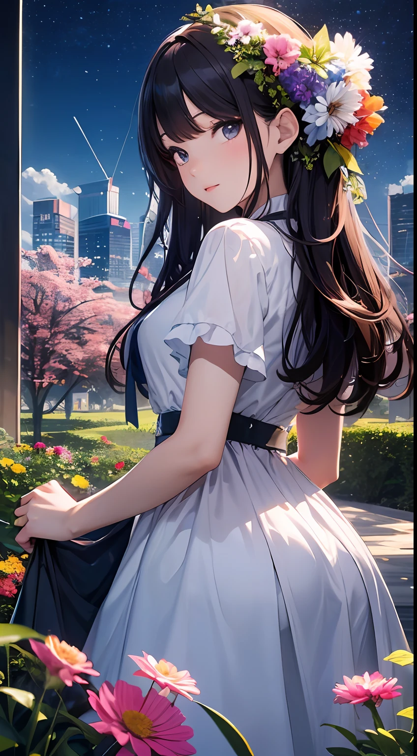 （Close-up of the painting style，8k ultra high definition，Masterpiece grade vista CG wallpaper），Beautiful skyline，Magnificent sky，美丽细致的眼睛，cute girly，Perfect slim body，shift dresses，Pure eyes，The skin is smooth like a baby，Stand on an island in the sea，Overlooking the earth，Skysky，the trees，Colorful flowers and plants。