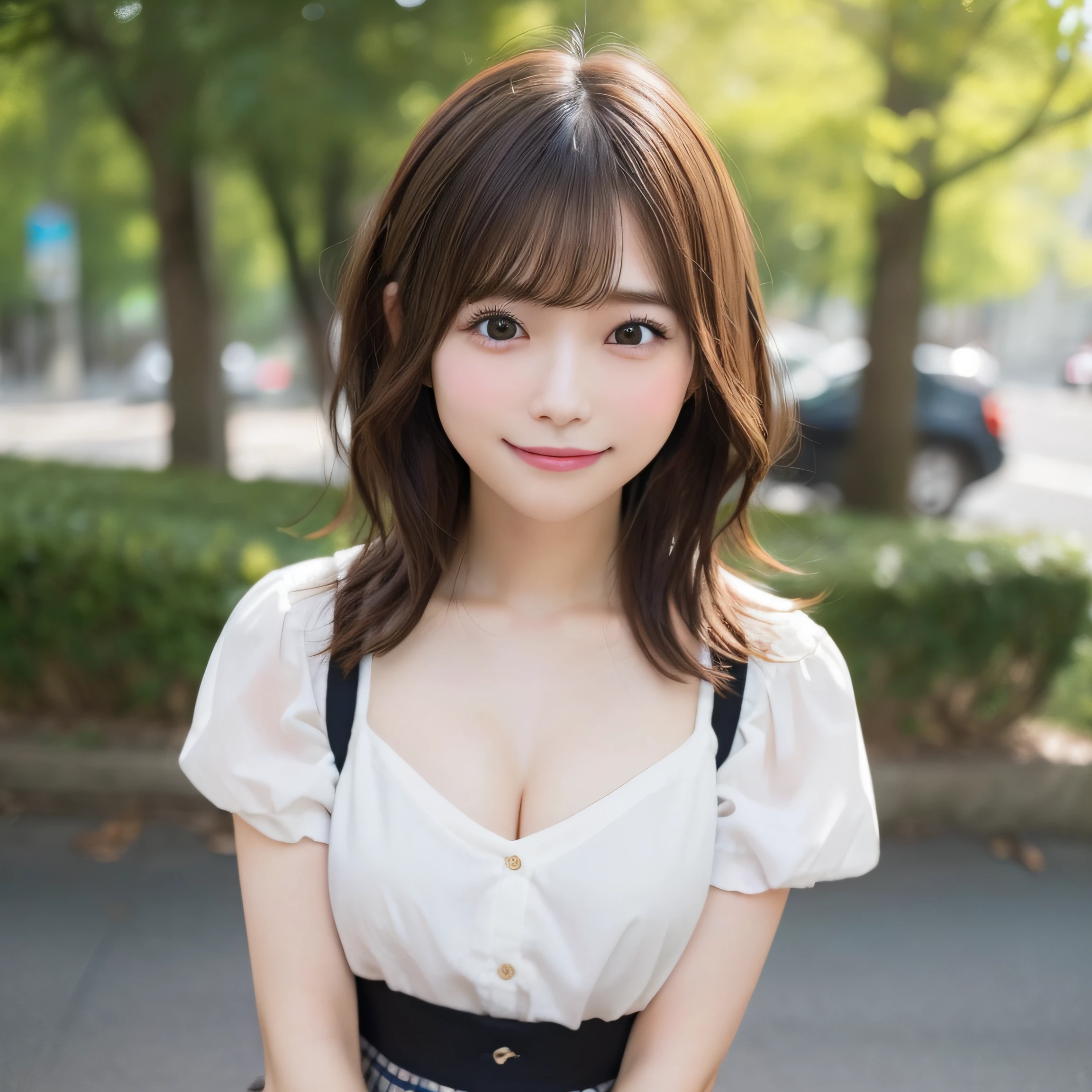 8k、Best Quality, 超A high resolution:1.2, (Photorealistic:1.4)、​masterpiece:1.3、Raw photo、 (FULL BODYSHOT:1.5)、((ample breasts、tomgirl、the head is small))、(Chiseled abs : 1.3)、realistic eyes and face details:1.3、dual、(the perfect body : 1.1)、(short wavy hair : 1.2)、crowdedstreets、Cute clothes、Check skirt、thighs thighs thighs thighs、1 Japanese girl、 Cute、natural skin textures:1.2、 (Shy smile)、 Smooth skin, (Brown medium hair,bangs)、nogizaka、Beautiful black eyes:1.３、Hands behind your hips、The camera is from a little lower、 (Background is blurry:1.4),gravure pose