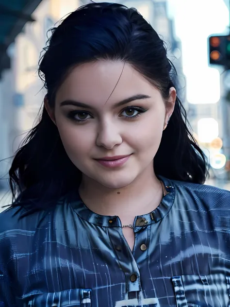 photograph of ariel winter, masterpiece, wearing jeans and a t-shirt, best quality, highest quality, cinematic lighting, (volume...