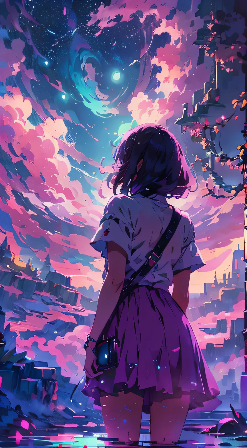 "Завораживающая сцена ночного неба, девушка смотрит на это, сзади, (девушка фокус0.6), купался в фиолетовом цвете,розоватые оттенки лунного света и облаков, излучающий яркий и впечатляющий спектр. шедевр."