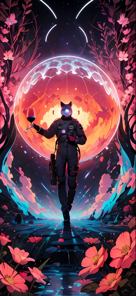 A man in a spacesuit holds a glass of wine, beeple and jeremiah ketner, An elegant hybrid combination of spring, beeple and james jean, Pebble masterpiece, Pebble and Mike Winkelman, The art of whistle, Whistle artwork, beeple!!, In the Pebble style,a clos...